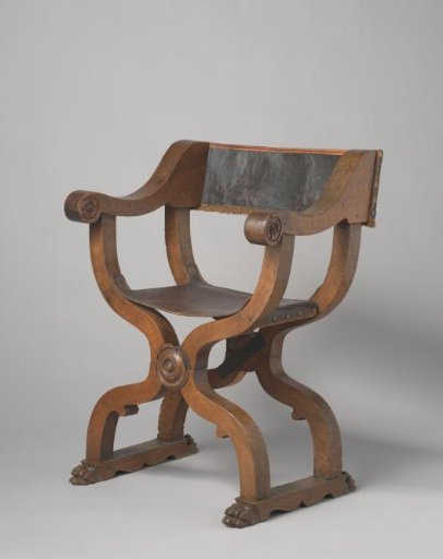Folding chair of walnut with leather seat and back