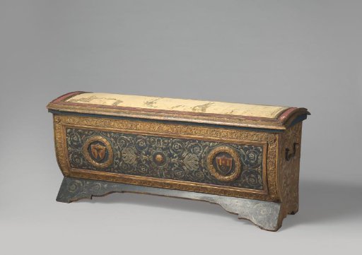 Cassone of partially painted poplar wood. Front with arabesques in grisaille on a blue ground