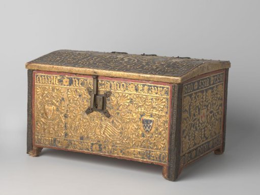 Chest of polychrome wood decorated with gilded stucco in the form of coats of arms with Latin inscriptions
