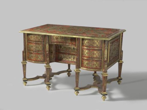 Desk inlaid with tortoiseshell and copper, with hollow and convex drawers, entirely decorated with marquetry in the form of grotesques and other motifs