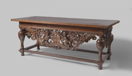 Oak Table with Inverted Bottle-Shaped Legs. Under the Table Aprons, Carved Openwork Ornaments with Putti, Leaf and Floral Work, and the Van Selbach Coat of Arms and Date 1697