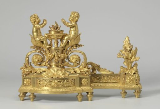 Fire dog of gilded bronze with putti warming themselves at a flame