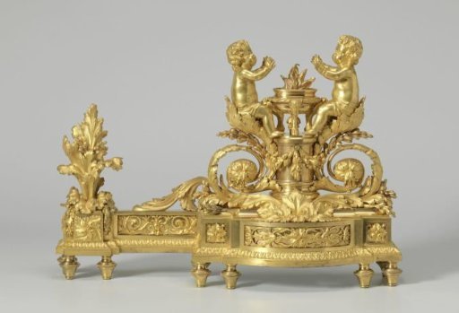 Fire dog of gilded bronze with putti warming themselves at a flame