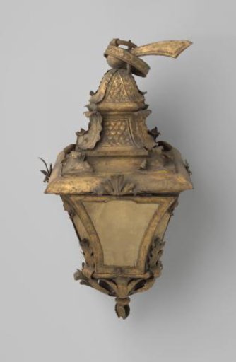 Lantern, four-sided with truncated corners and a jointed roof, crowned by a flat ring with stalks