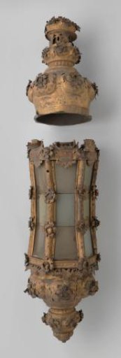 Upper and middle part of a lantern with coats of arms above the panes