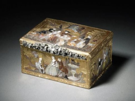 Snuffbox of gold, rectangular, with representation of a tea party in mosaic and mother-of-pearl. On the front a garland of diamonds