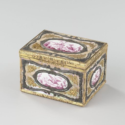 Snuffbox of Gold, Rectangular, Covered with Mother-of-Pearl, Enamel and Diamonds and Decorated with Birds and Volutes