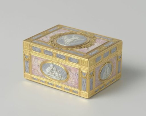 Gold Snuff Box, Rectangular, with Enamelled Ornaments of Dancing Nymphs with Cupids on the Lid and on the Sides