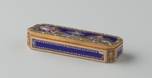 Gold box, elongated rectangular with chamfered corners. Entirely enamelled with paintings on a dark blue ground.