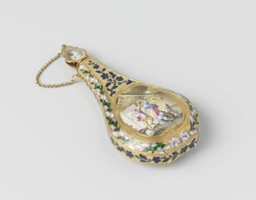 Perfume bottle of gold, flattened pear-shaped, with scenes in enamel on both sides: a peasant kitchen interior and a peasant dance