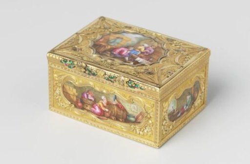 Snuffbox of gold, rectangular, decorated with six tavern scenes in enamel