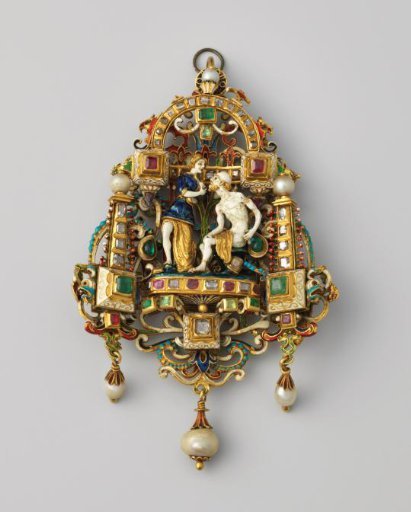 Pendant of gold, enamel, pearls and precious stones. In the center Cimon and Pero, entirely enameled.