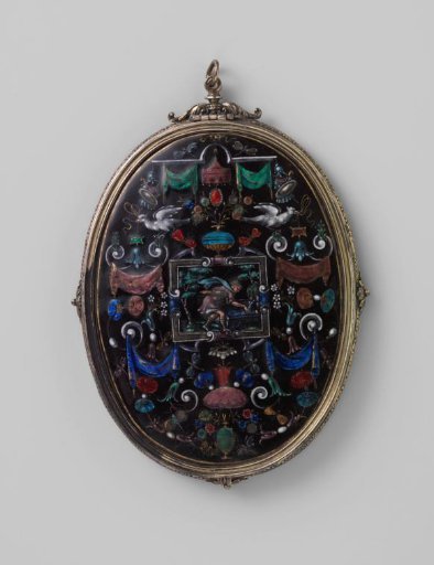 Hand mirror with enamel decorations