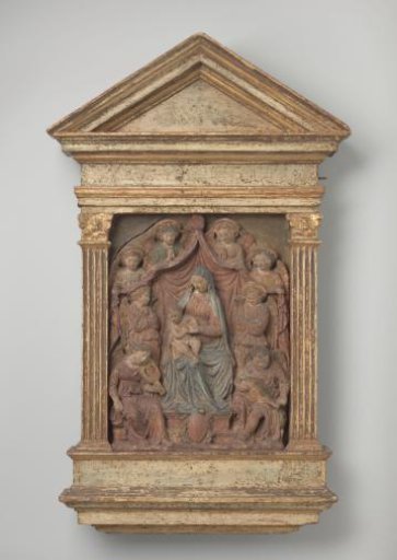 Madonna and Child seated on a throne, surrounded by angels