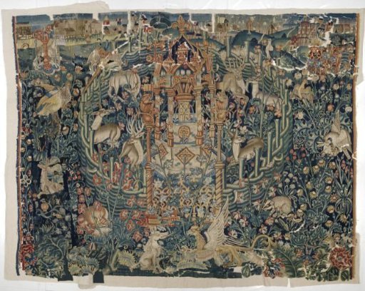 Landscape with animals, a walled garden and a spring of life