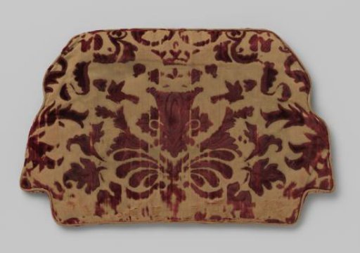 Chair cushion of embossed velvet, wine-red on pale yellow