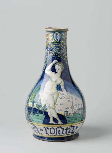 Vase, bottle-shaped, multicolored painted with a landscape featuring a nude woman (Ariadne) and with a banner bearing the inscription: A ROSATA