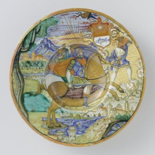 Plate with riders in a landscape and an unknown family coat of arms
