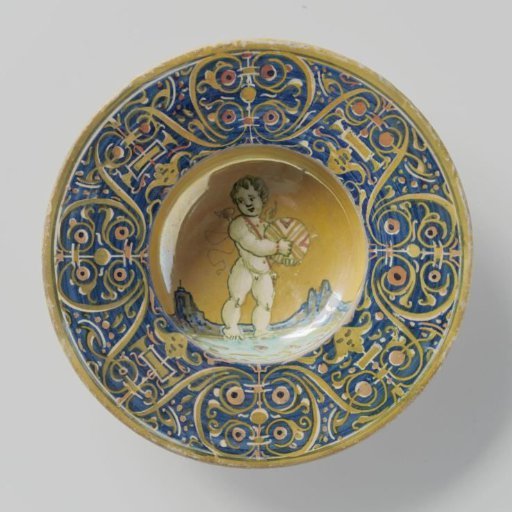 Panel with a sunken flat surface, multicolored painted with a putto holding a ball in both hands