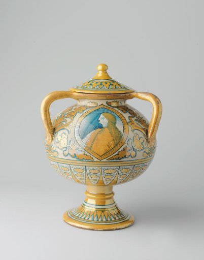 Vase with three ears, multicolored painted with pointed ovals containing male portraits, and floral and leafy scrolls