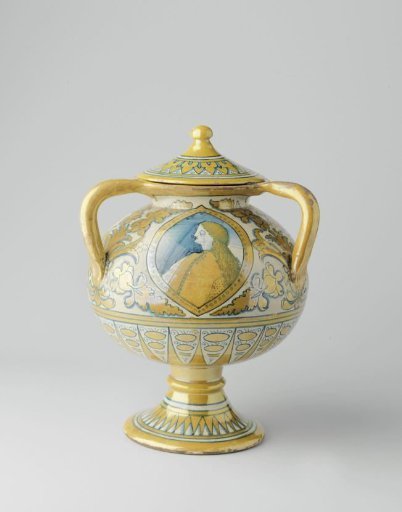 Vase with three handles and a lid, multicolored painted with pointed ovals containing male portraits, and floral and leafy scrolls