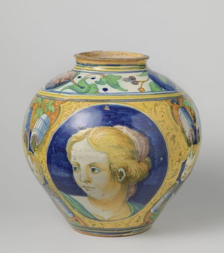 Vase, pressed egg-shaped, polychrome painted with cartouches containing portraits. Between the cartouches, putto heads