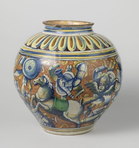 Vase, pressed egg-shaped, polychrome painted with trophies, mermaid, elephant, horse, and two angel heads