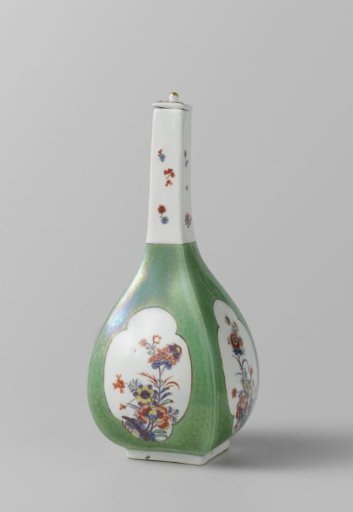 Bottle with lid, multicolored painted with Indian flowers on a light-green ground