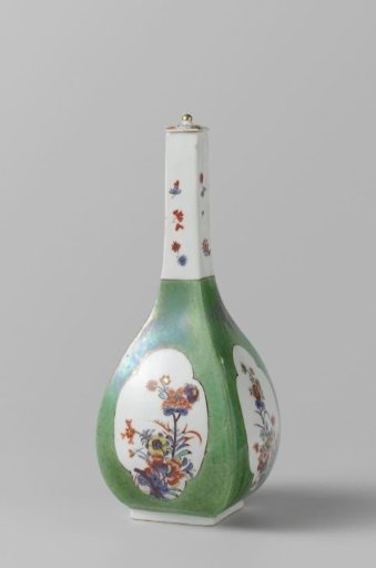 Bottle with lid, multicolored painted with Indian Flowers on a light green ground