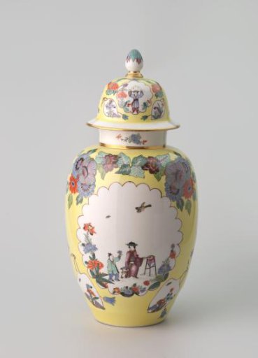 Vase, multicolored painted with Chinese figures in cut-out lobed circles on a yellow ground