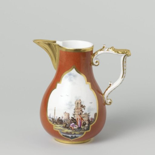 Milk jug, multicolored painted with water landscapes in cut-out quatrefoils on an orange-red ground