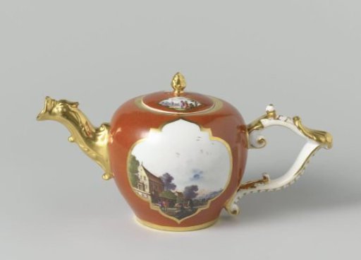 Teapot, multicolored painted with water landscapes in cut-out quatrefoils on an orange-red ground