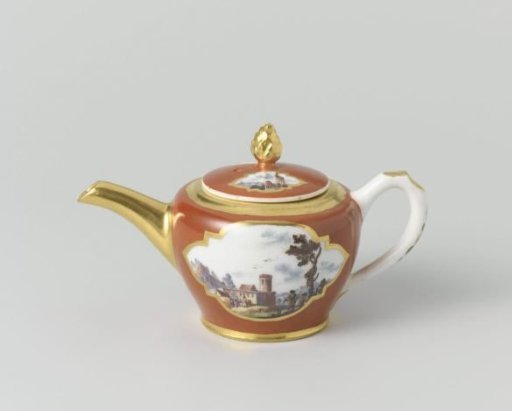 Teapot, multicolored painted with water landscapes in cut-out quatrefoils on an orange-red ground