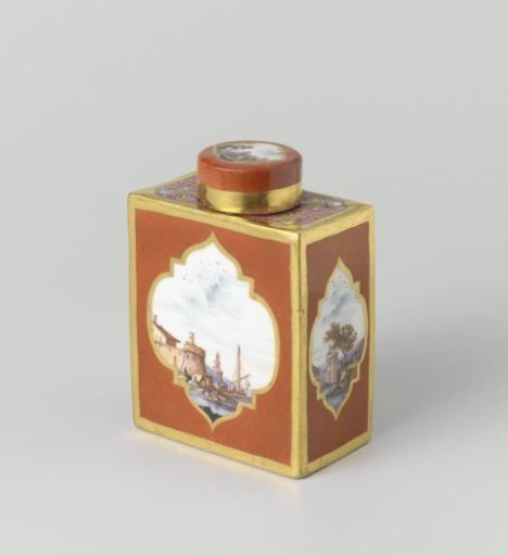Tea caddy with lid, multicolored painted with water landscapes in cut-out quatrefoils on an orange-red ground