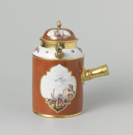 Chocolate pot, multicolored painted with water landscapes in cut-out quatrefoils on an orange-red ground