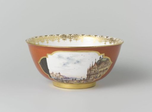 Spool bowl, multicolored painted with water landscapes in cut-out quatrefoils on an orange-red ground