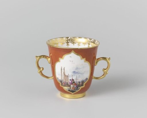 Chocolate cup, multicolored painted with water landscapes in cut-out quatrefoils on an orange-red ground