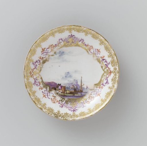Dish, multicolored painted with a water landscape in a cut-out quatrefoil on an orange-red ground