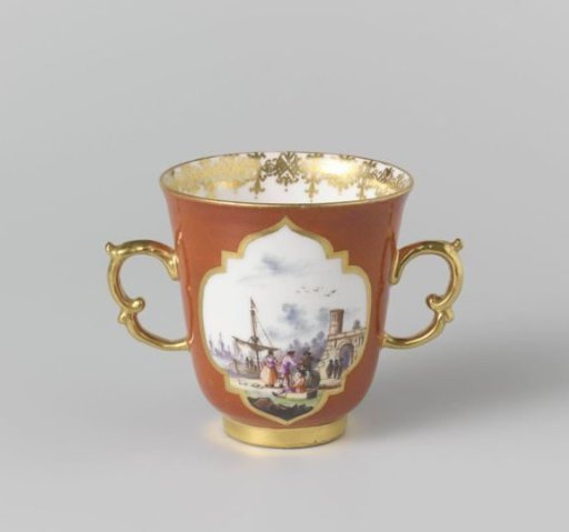 Chocolate cup, multicolored painted with water landscapes in cut-out quatrefoils on an orange-red ground