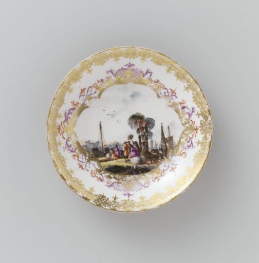 Dish, multicolored painted with a water landscape in a cut-out quatrefoil on an orange-red ground