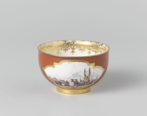 Cup, multicolored painted with water landscapes in cut-out quatrefoils on an orange-red ground