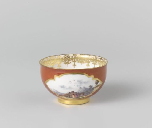 Cup, multicolored painted with water landscapes in cut-out quatrefoils on an orange-red ground