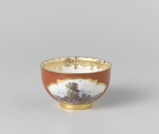 Head, painted in many colors with water landscapes in cut-out quatrefoils on an orange-red ground