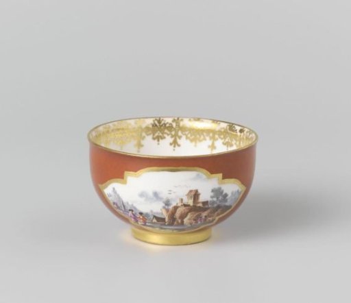 Cup, multicolored painted with water landscapes in cut-out quatrefoils on an orange-red ground