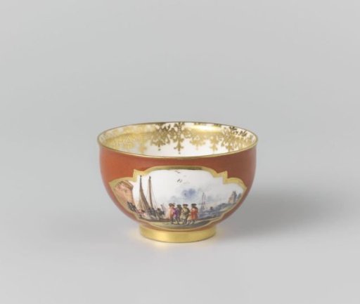 Cup, multicolored painted with water landscapes in cut-out quatrefoils on an orange-red ground