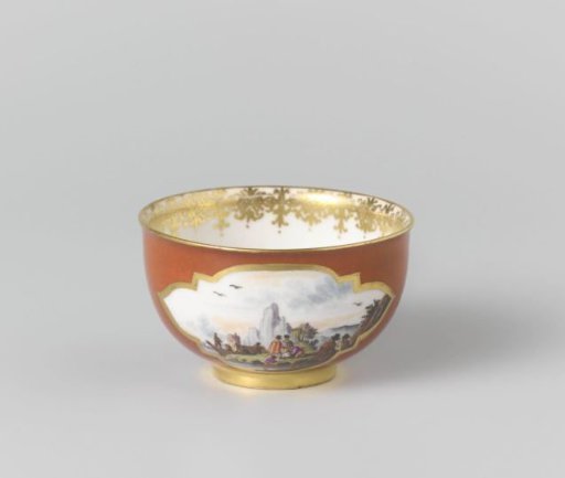Cup, multicolored painted with water landscapes in cut-out quatrefoils on an orange-red ground