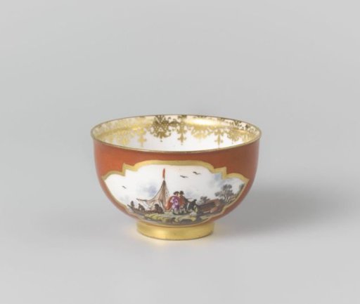 Cup, multicoloured painted with water landscapes in cut-out quatrefoils on an orange-red ground