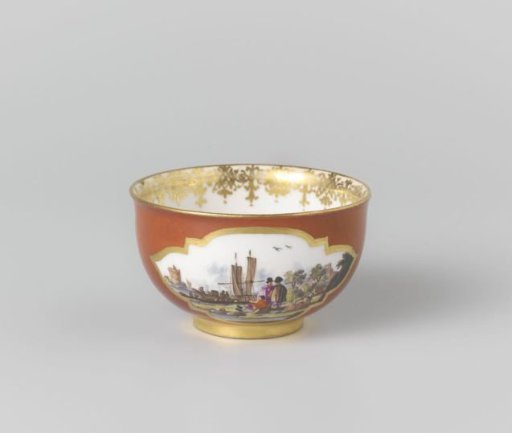 Head, polychrome painted with water landscapes in cut-out quatrefoils on an orange-red ground
