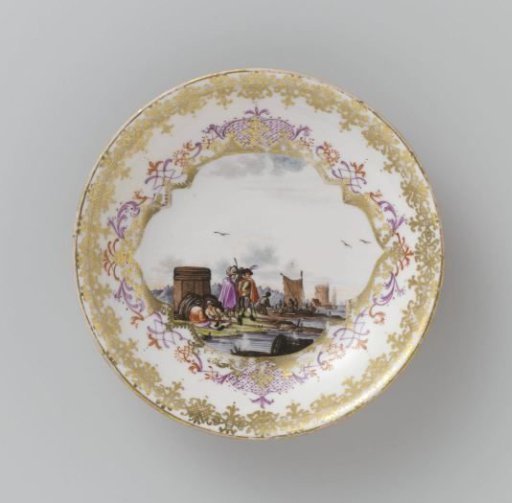 Dish, multicolored painted with a water landscape in a cut-out quatrefoil on an orange-red ground