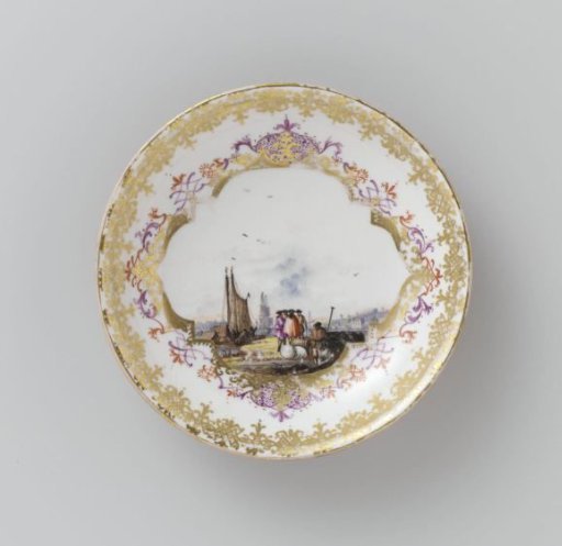 Dish, painted in many colors with a water landscape in a cut-out quatrefoil on an orange-red ground